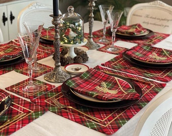 Set of Christmas Tartan Plaid Napkins with Deer Embroidery, Placemats and Red Runner • &quot;Happy New Year&quot; & Christmas Tree Embroidered Runner