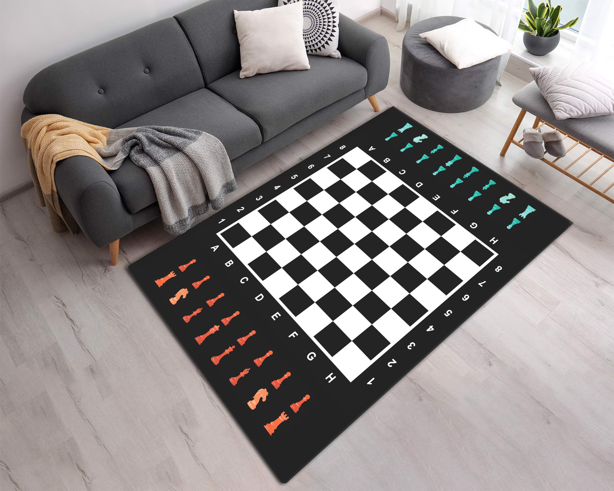 Chess Board Pattern Rug Chess Set With Board Rug • Vivid Color Printed Washable Non Slip Carpet ...