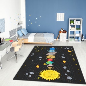 Vibrant Cute Kids Solar System Printed Kids Room Rug • Educational Solar System Area Rug • Gift For Kids Room