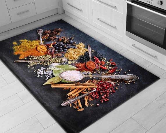 Vibrant Printed Kitchen Rug • Machine Washable Non-Slip Kitchen Rug • Top View of Colorful Spices • Gift For Kitchen