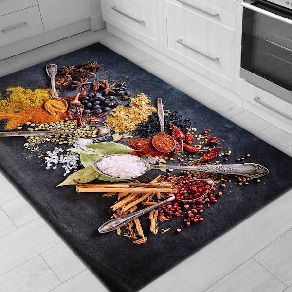 Vibrant Printed Kitchen Rug • Machine Washable Non-Slip Kitchen Rug • Top View of Colorful Spices • Gift For Kitchen