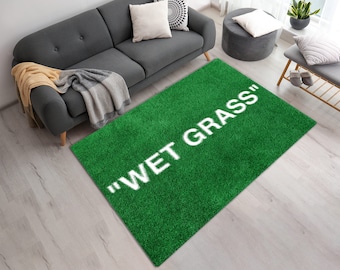Levendig hoogwaardig groen grasveldtapijt • Machinewasbaar, gepersonaliseerd 'nat gras'-tapijt • Cadeau voor thuis