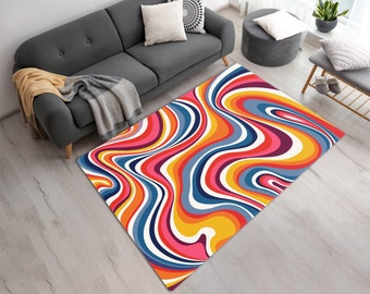 Colorful Retro Swirl Printed Area Rug, Machine Washable Psychedelic Groovy 70s Carpet, Wavy Trippy Rug for Bedroom Aesthetic, Y2k Décor Dorm