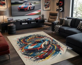 Race Car Rug for Kids Room and Racing Fan Game Room