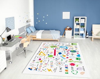 May include: A white rug with colorful illustrations of science and math concepts, including a globe, a triangle, a compass, a beaker, a microscope, and the words "Biology", "Chemistry", "Physics", "Math", and "Eco".