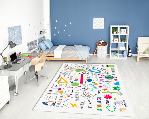 Class Tools Printed Rug • Vibrant Printed Washable Non-Slip Area Rug • Back to School Themed Rug • Kids Room Decor