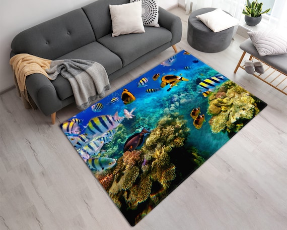 Vibrant Underwater Colorful Tropical Fishes Printed Area Rug • Colorful Tropical Fishes at Coral Reef Printed Washable Area Carpet