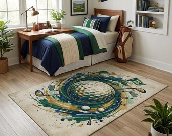 Vintage Golf Ball and Clubs Illustration Digital Printed Area Rug