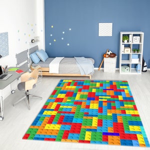 Colorful Plastic Building Blocks Washable Rug • Vibrant Printed Non-Slip Area Rug • Gift for Kids Room or Hobby Room