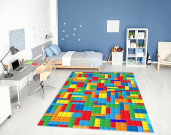 Colorful Plastic Building Blocks Washable Rug • Vibrant Printed Non-Slip Area Rug • Gift for Kids Room or Hobby Room