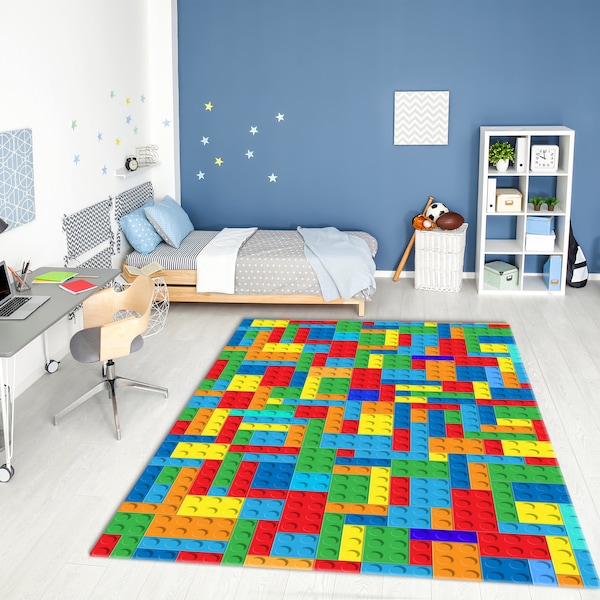 Colorful Plastic Building Blocks Washable Rug • Vibrant Printed Non-Slip Area Rug • Gift for Kids Room or Hobby Room
