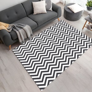 Black and White Zig Zag Pattern Area or Runner Rug • Classic Chevron Design • Custom Sizes Available