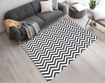 Black and White Zig Zag Pattern Area or Runner Rug • Classic Chevron Design • Custom Sizes Available