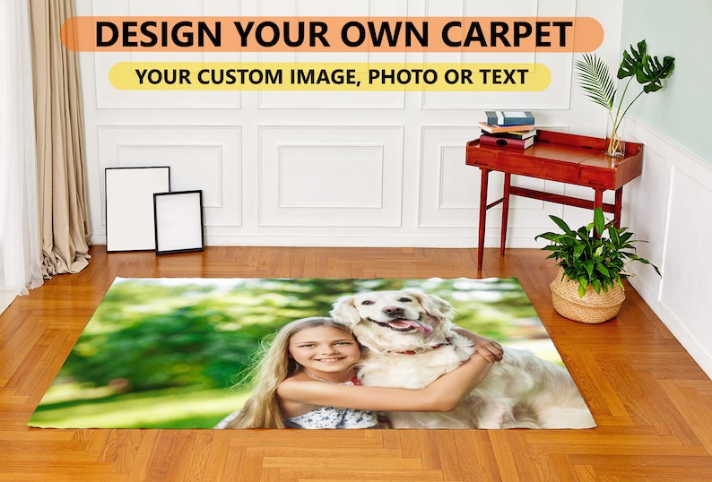 May include: A custom designed carpet featuring a girl hugging a golden retriever dog in a green grassy field. The carpet is a great way to personalize your home with a photo or text.