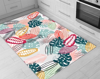 Vibrant Printed Kitchen Rug • Machine Washable Non-Slip Kitchen Rug • Abstract Pattern with Cocoa Beans and Tropical Leaves • Kitchen Decor