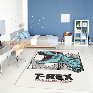 Vibrant T-Rex Printed Washable Kids Room Rug • T-Rex Non-Slip Area Rug • Gift For Kids Room