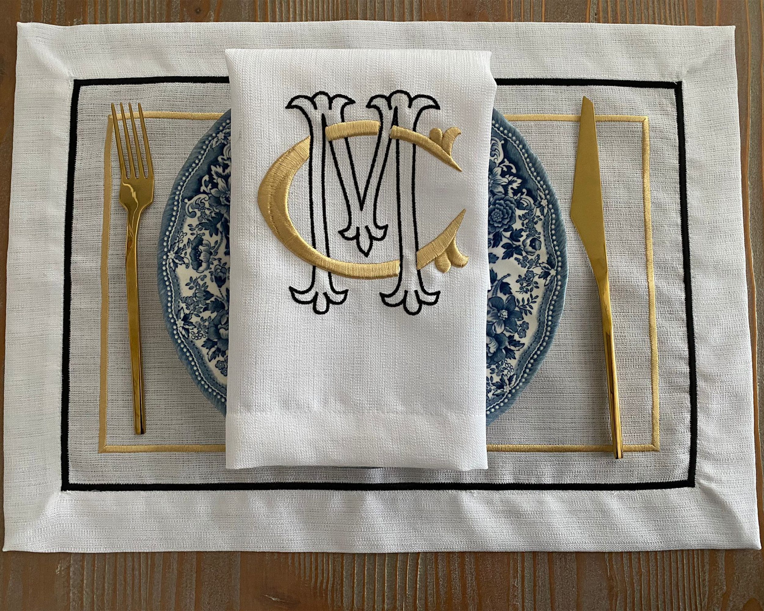 Personalized Dinner Napkins, Placemats and Runner with Monogram • Monogram Embroidered Wedding Napkins, Placemats and Runner Set