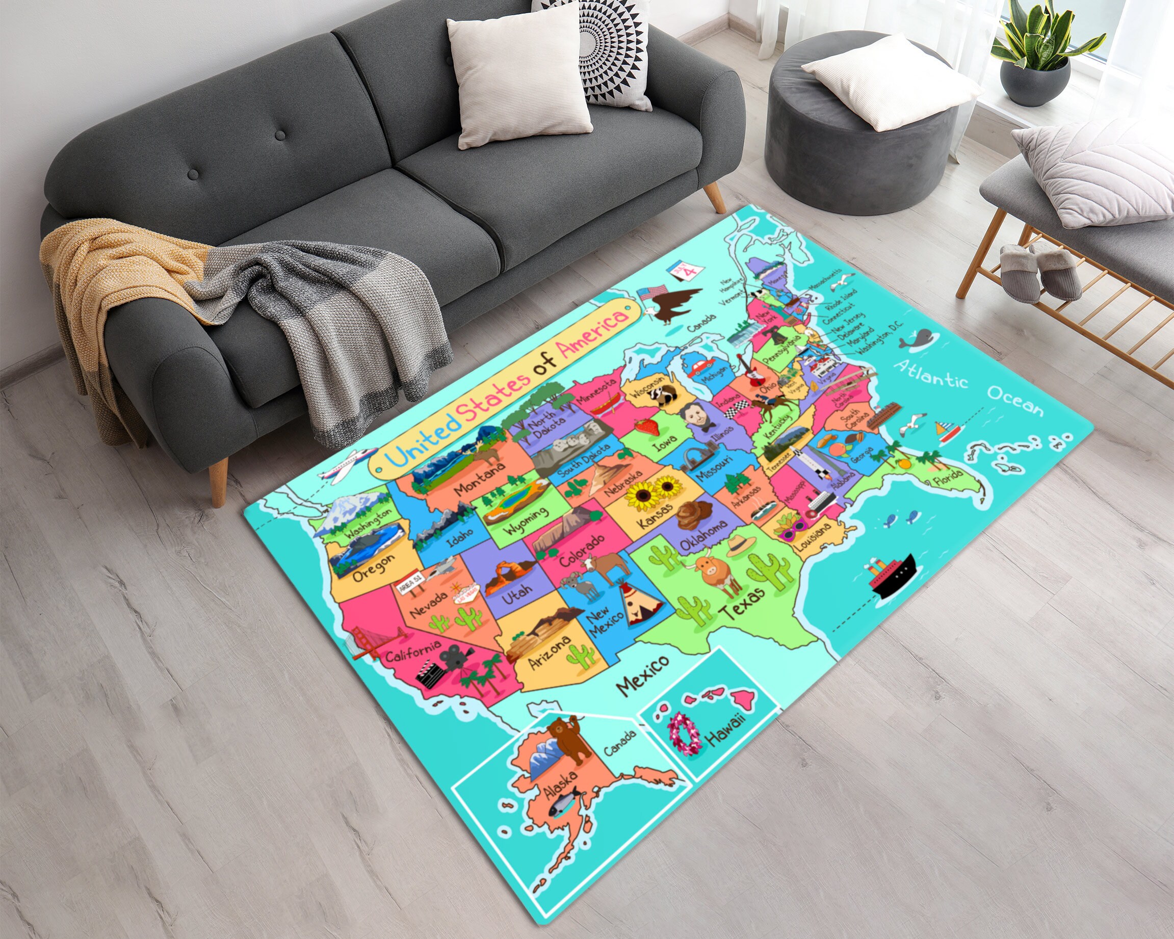 Vibrant USA Map in Cartoon Style Printed Area Rug • Washable ...