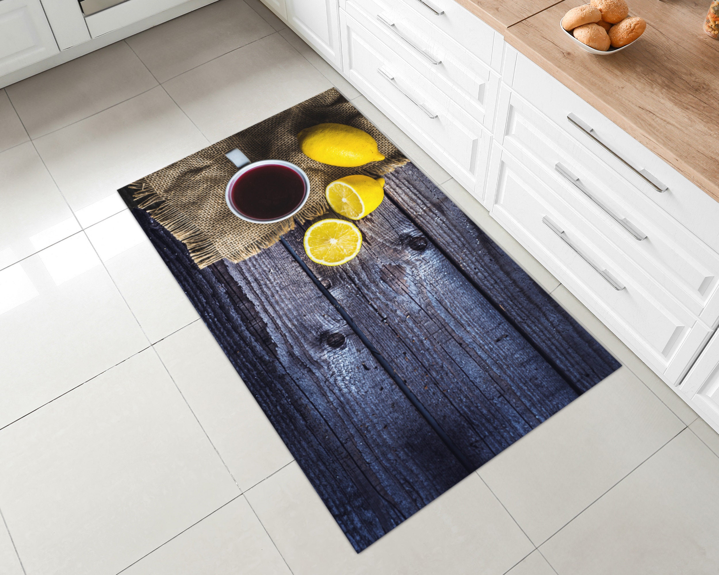 1pc Lemon Pattern Kitchen Mat, Country Style Polyester Rectangle