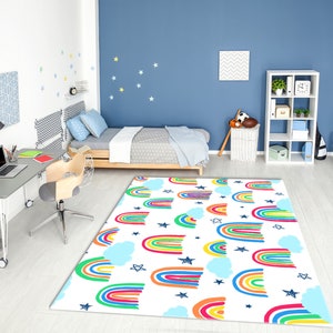 Colorful Rainbows With Clouds and Sketched Stars Washable Nursery Rug • Vivid Color Printed Non-Slip Area Rug • Gift For Nursery Decor