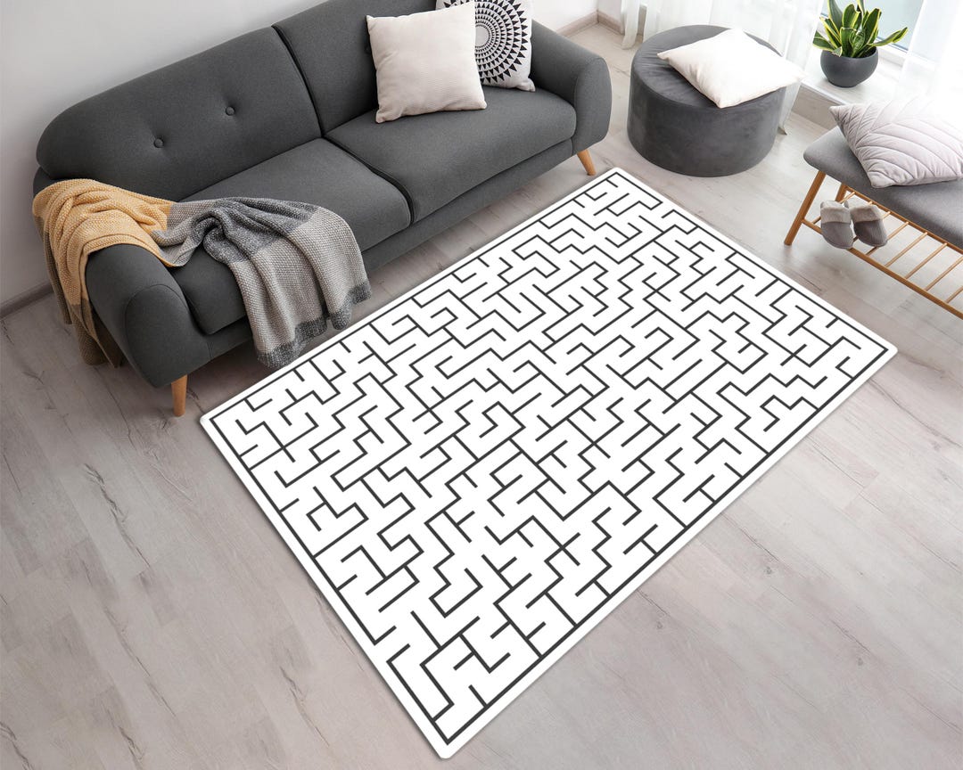 Labyrinth Mat Modern Maze Area Rug • Minimalist Black and White Labyrinth Carpet for ...