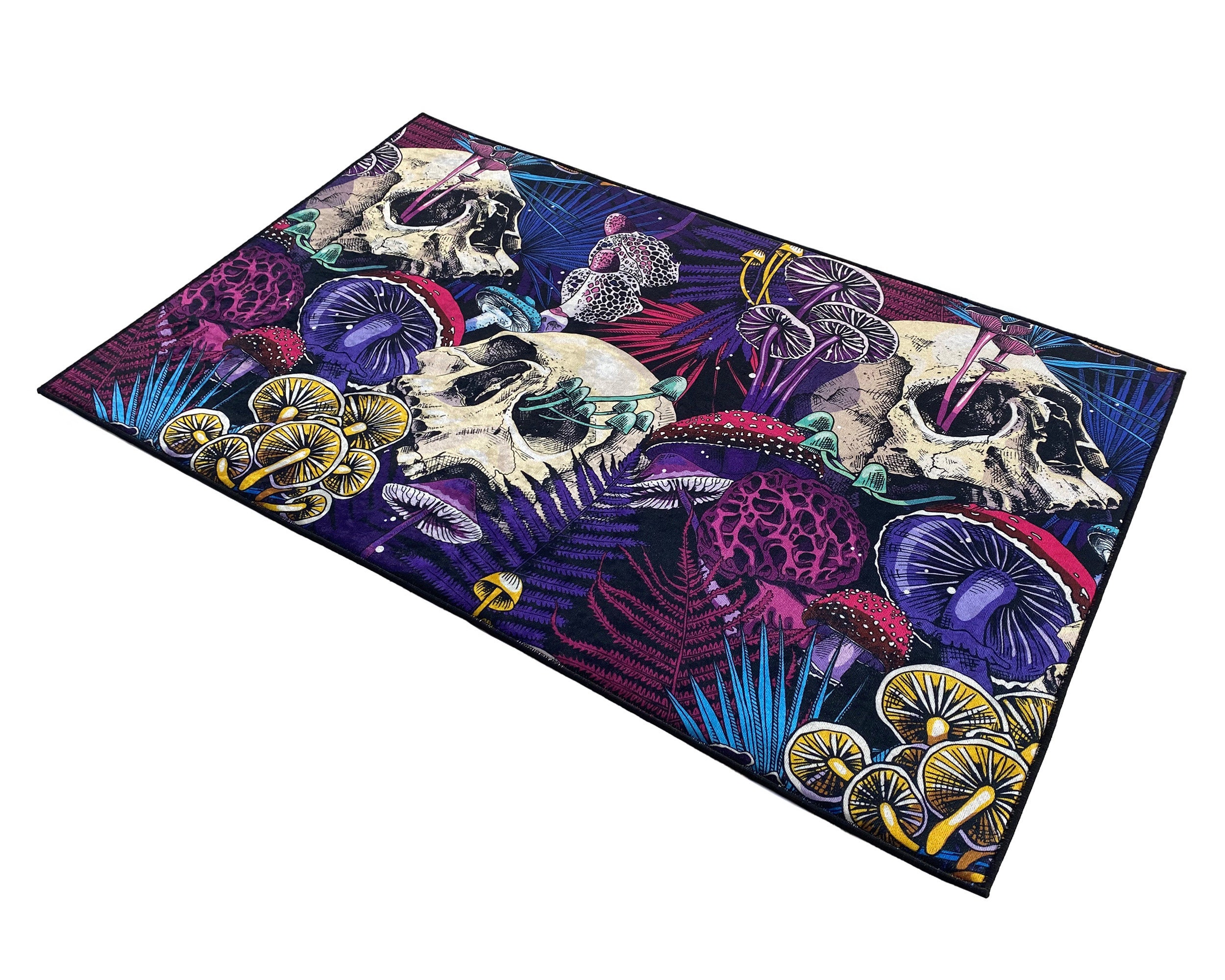 Discover Vivid Color Printed Area or Runner Rug with Bright Magic Psychedelic Mushrooms and skulls Design  Washable Area or Runner Rug  Home Decor