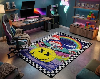 Vibrant Psychedelic Smiley Mushroom Washable Area Rug