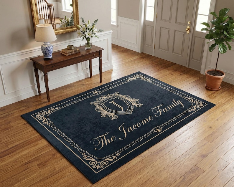 Custom Monogram & Family Name Rug • Elegant Machine Washable ...
