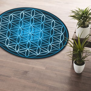 Vibrant Sacred Geometry Printed Round Rug • Flower of Life Circle Carpet • Machine Washable Rug