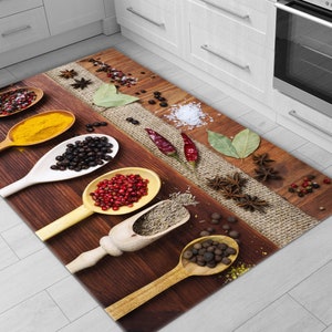 Vibrant Printed Kitchen Rug • Machine Washable Non-Slip Kitchen Rug • Spices and Seasonings In Wooden Spoons • Gift For Kitchen
