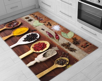Vibrant Printed Kitchen Rug • Machine Washable Non-Slip Kitchen Rug • Spices and Seasonings In Wooden Spoons • Gift For Kitchen