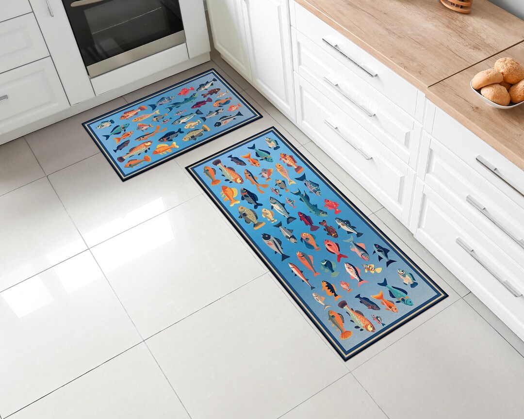 Fish Patterned Rugs Colorful Fish Pattern Kitchen Rug Set • Machine Washable and Non-slip ...