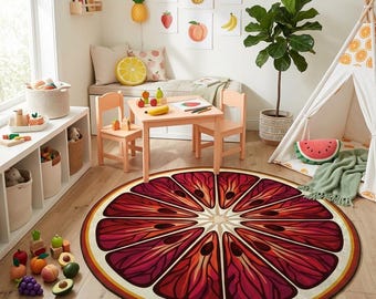 Orange Citrus Slice Round Printed Area Rug