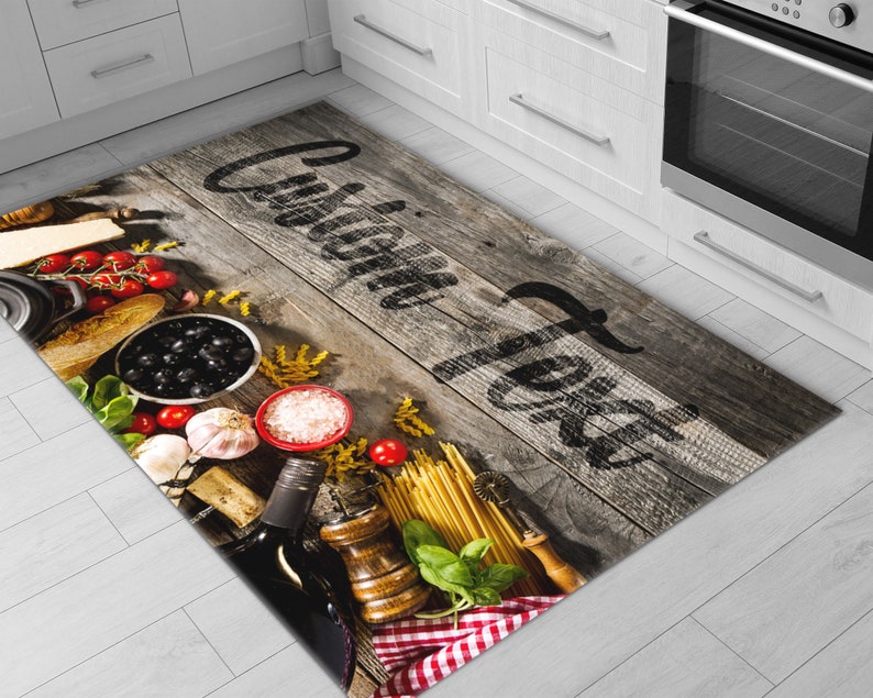Pasta Rug Appetizing Italian Food Ingredients Printed Personalized Kitchen Rug ...