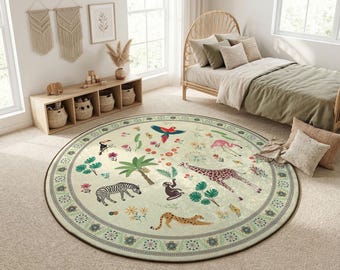 Non-Slip Machine Washable Round Jungle Animal Area Rug