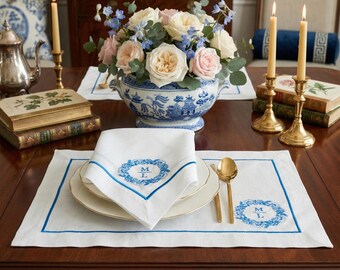Personalized 100% Linen Blue Monogram Embroidered Napkin and Placemat Set With Matching Table Runner
