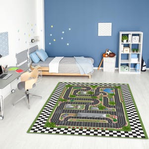 Race Track Rug for Kids Room – Car Play Mat, Washable Boys Carpet, Toy Vehicle Rug, Toddler Road Mat, Activity Floor Mat, Nursery Decor