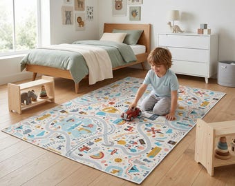 Vibrant Custom Name Road Map Town Washable Play Rug