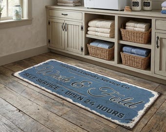 Personalized Washable Blue Vintage Wash and Fold Laundry Room Rug Runner