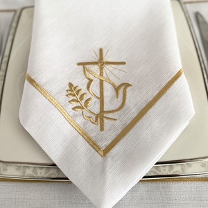 Cross with Dove Embroidered Dinner Napkins, Placemats and Runner Set
