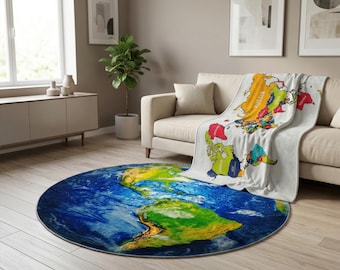 Vibrant Printed Planet Earth Round Rug • Earth Printed Washable Circle Carpet • Home Decor