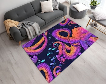 Lebhafter Oktopus mit kleinen Fischen bedruckter Bereich Teppich • Waschbarer und rutschfester Oktopus Bereich Teppich • Home Decor