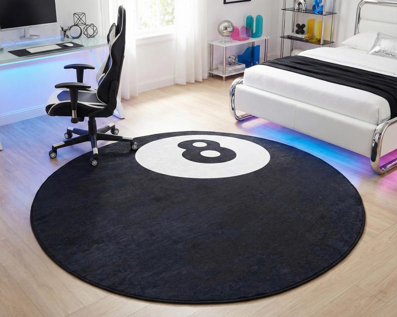 Round Rug With Pool Table 8 Ball Printed Machine Washable Round Rug • Perfect Billiard Room Decor ...