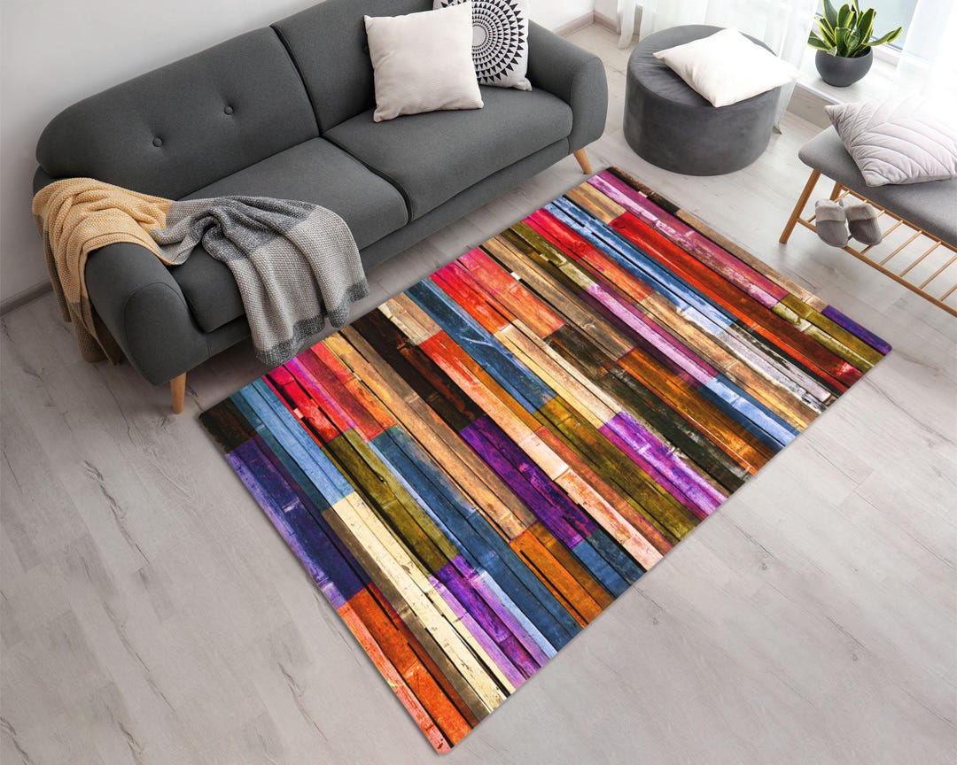 Colorful Striped Wooden Pattern Rug • Modern Boho Area Rug • Vibrant ...