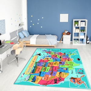 Tapis imprimé carte des États-Unis aux couleurs vives de style dessin animé • Tapis imprimé carte des États-Unis personnalisé lavable • Cadeau pour chambre d'enfant