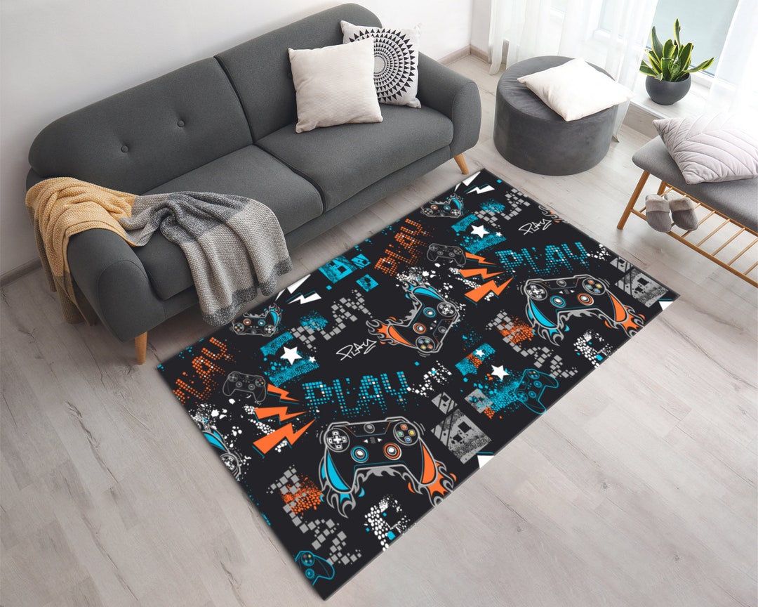 Game Room Rug Pattern Vibrant Gamepad & Play Pattern Printed Gaming Room Area Rug • Gaming ...