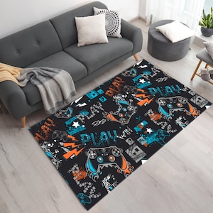 Vibrant Gamepad & Play Pattern Printed Gaming Room Area Rug • Gaming Room Decor • Carpet For Video Game Lovers • Machine Washable Gamer Rug