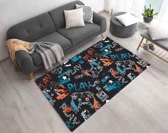 Vibrant Gamepad & Play Pattern Printed Gaming Room Area Rug • Gaming Room Decor • Carpet For Video Game Lovers • Machine Washable Gamer Rug