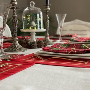 Set De 12 Sets De Table Et Serviettes Noël – Tartan Rouge, Vert Et Or – Christmas