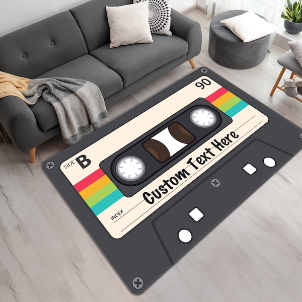 Tapis personnalisé sur mesure avec magnétophone à cassettes • Tapis imprimé personnalisable mix de musique des années 90 • Jeté de style rétro • Cadeau pour les mélomanes